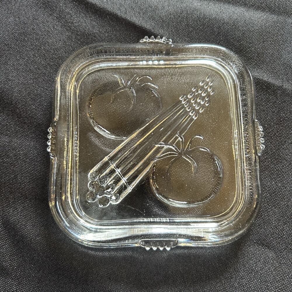 Federal Clear Glass Refrigerator Dish Lid ONLY Asparagus Tomatoes Embossed 4”